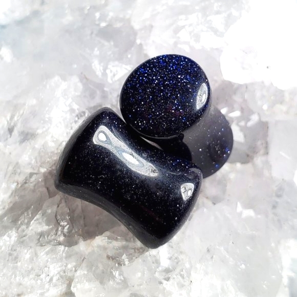 Blue Goldstone - Genuine Stone Double Flared Plug Earrings - Picture 3 of 5